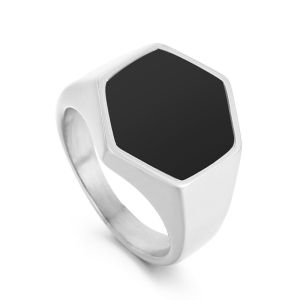 Trendy 316l Stainless Steel Shiny Black Ring Simplicity Irregular Hexagonal Mens Ring US size 7-12