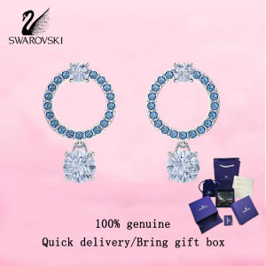💎 Swarovski 💎 Womens fashion earrings S925 Sterling Silver Round Cut Blue Crystal Gemstone Attract Pendant Earrings Valentines Day gift Birthday gift