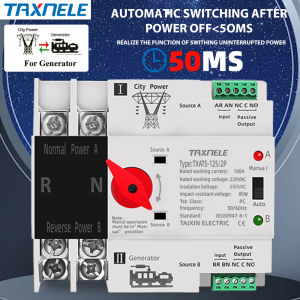TAXNELE Din Rail 2P ATS Dual Power Automatic Transfer Switch 63A 100A 125A Selector Switches Generator