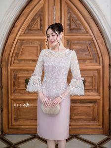 All Ladies เดรสผ้าไหมลูกไม้ลายใบไม้แขนระบายแต่งโบว์