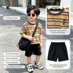 AILEBE Kids Sets Terno Stripe Short Sleeve Top Shorts Set Soft Breathable Pearl Fabric Lightweight All-Day Comfy Round Neck Easy Dressing Elastic Waistband Easy Wear Perfect for Daily Pambahay OOTD for Baby Boys & Girls 0-5 Years