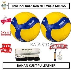 PAKET 2 BOLA VOLLY/VOLI MIKASA V300W DAN 1 NET MIKASA GOLD FREE POMPAPENTIL DAN JARING - BOLA LIGA