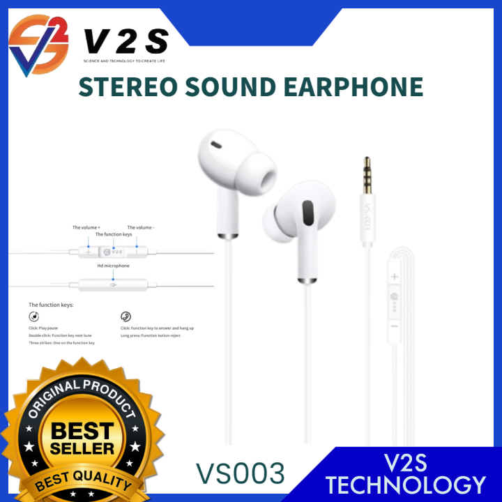 V2S VS003 Universal Portable Plug Wired In-ear Earphone Stereo Sound  Bass With Microphone Lazada PH