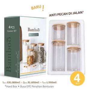 Toples Kaca Set 4 Pcs Tutup Bambu Kedap Udara - Toples Bahan Kaca Borosilikat