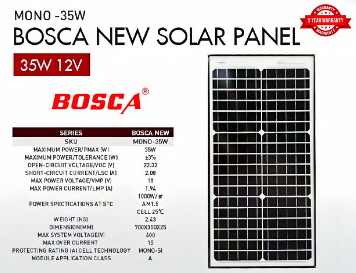 BOSCA 5 Year Warranty 35W Solar Panel Mono 35 Watt 12 Volt Pv Solar Module Solar Cell Panel BOSCA-NEW
