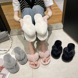 Rabbit fur sewing shoes plush round head candy color home furry floor shoes flip flops (Add one size)
