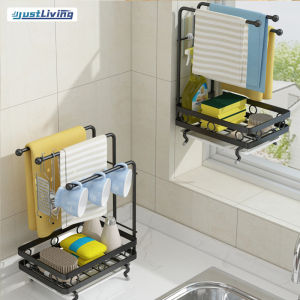 JustLiving Kitchen Storage Rag Rack Steel Sponge Dish Cloth Hanging Rack Wall-Mounted Sink Drain Shelf Multi-functional Kitchen Organizers