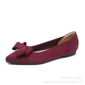Ladies Pointed Toe Black Flat Shoes Bow New Style Solid Color Woven Knitted Shoes Breathable Anti-slip Wear-resistant Womens Shoes Large Size