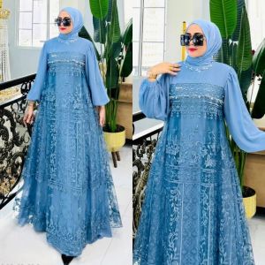 Delvira Dress Muslim Pesta Gamis Brukat Mewah Kondangan Wanita Terbaru 2024 Bahan Ceruty Babydoll