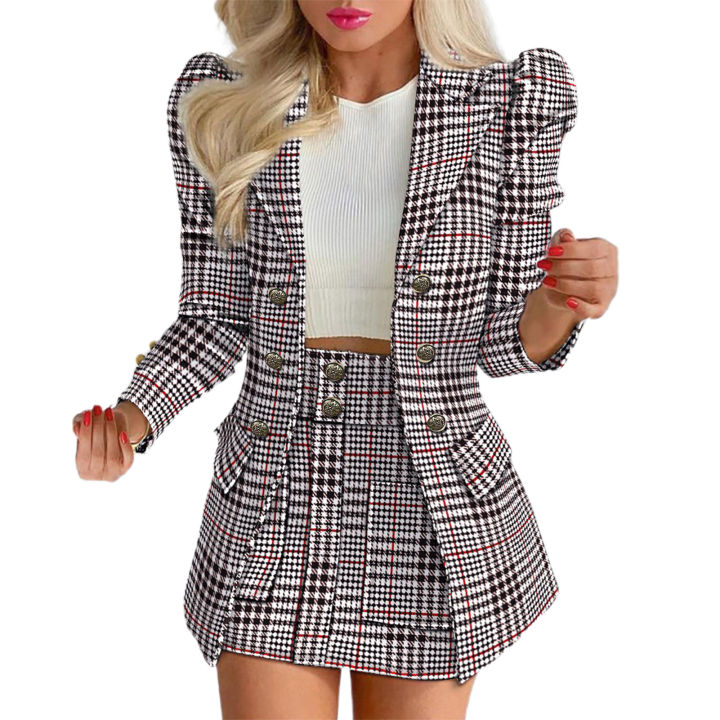 Cherise Women Coat Skirt Set Pocket Lady Coat Floral Checkered