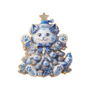 MADEWITH Alloy Christmas Cat Brooch Rhinestone Embellished Enamel Finish Cat Brooch Pin Gifts Wreath Holiday Brooch For Women