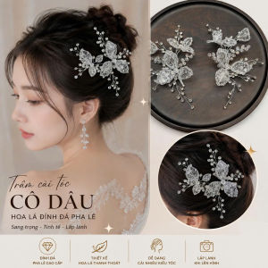 Cài tóc cô dâu hoa nhũ kim tuyến đình đá mẫu mới t8 2026