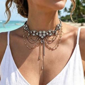 Vintage Rhinestone Tassel Choker Multi-layer Beaded Chain Statement Necklaces for Women Wedding Party Collar Jewelry Accessories