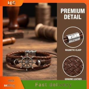 HB Set Braided Wrap Leather Bracelets Bangle For Men Vintage Feather Rudder Charm Wood Beads Ethnic Tribal Wristband Rope Bracelet