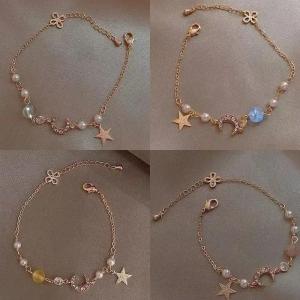 Korean Fashion Cute Star Moon Bracelets For Women Colorful Natural Stone Zircon Adjustable Pearl Chain Bracelet Wedding Jewelry