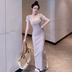Đầm nữ sang chảnh váy ôm body mặc hè dáng dài co giãn phối Ren tay ngắn ôm body mặc tôn dáng