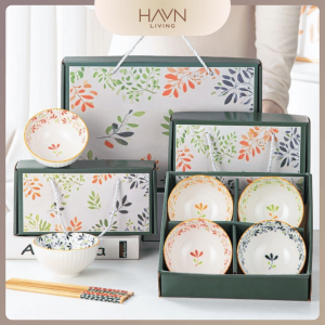 HAVN Living Japanese Ceramic Bowl Set Cheerful Blooms Design Premium Dinnerware with Gift Box (Birth