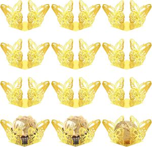100 Pcs Gold Butterfly Truffle Wrappers Paper Cupcake Dessert Liners Candy Cupcake Tray WrappersSquare Baking Cups for Chocolate Baby Shower Birthday Wedding Party Favors