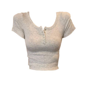 HUYTT Gray Simple U-neck Short-sleeved T-shirt For Women 2025 Summer New Slim Fit Design Half-breasted Short Womens Top