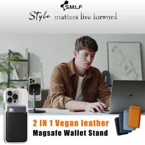 FCSMLF Magsafe Wallet Stand With Adjustable Angle Compatible For iPhone 15/14/13/12 Series Vegan Leather Girp Phone Stand Card Holder With ID Window RFID Blocking Black Brown Blue