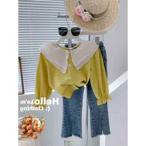 SSP45 - 3-8Thn Setelan Set Anak Perempuan Double Lace Neck + Celana Jeans