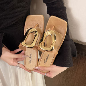 [Free Shipping] 2025 New Niche Square-Toed Hollow Fashionable Versatile Metal Buckle Summer Home and Outdoor Flat Womens Flip-Flops