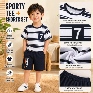 AILEBE Kids Sets Terno For Boys Girls Summer Striped Short Sleeve T-Shirt And Shorts Casual Letter Print Sporty Look Elastic Waistband Easy On Off High Quality Fabric Black Red Green Blue Stripes
