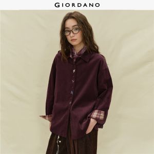 Giordano Women 100% Cotton corduroy plaid spliced shirt Free Shipping 18345227