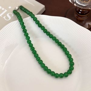 LITTLEX 4 6 8 10mm Green Beads Necklace Toggle Clasp Round Collarbone Chain Glass Choker Necklace Women