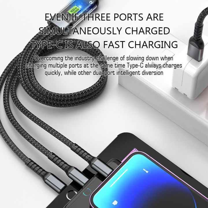 Kabel data USB tiga dalam satu bercahaya 100W Tipe C multifungsi satu ...