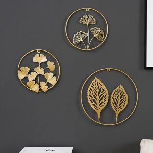 LINSBAYWU Easy to Clean Creative Nordic Style Gold Iron Arts Home Decoration Cabinet Ornaments Wall Hanging Background Leaves Sculpture Ginkgo Leaf Ornaments Wall Decoration Metal Round Pendant