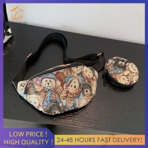 Womens Casual Canvas Crossbody Bag Featuring Cartoon Bears for Outdoor Sports and Daily Activities