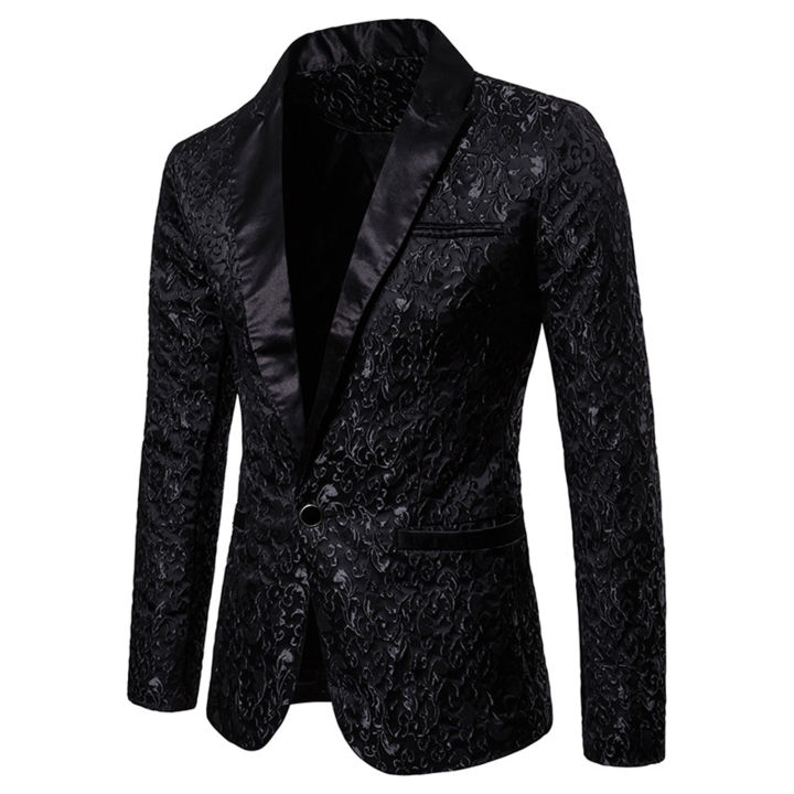 Men Blazer Jacquard Single Button Autumn Winter Pockets Lapel Suit