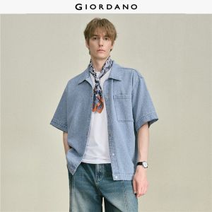 Giordano Men Jacquard denim single pocket short sleeve shirt Free Shipping 18046704