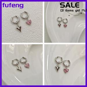 fufeng Ngọt Ngào Màu Hồng Zircon Hình Trái Tim Mặt Dây Chuyền Bông Tai Cho Phụ Nữ Đơn Giản Hình Học Thông Tư Tai Khóa Đồ Trang Sức Thời Trang Phụ Kiện Quà Tặng