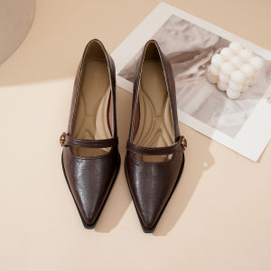 Korean high heels Closed shoes for women Brown Pointed toe Block heels Formal Leather Office Shoes
