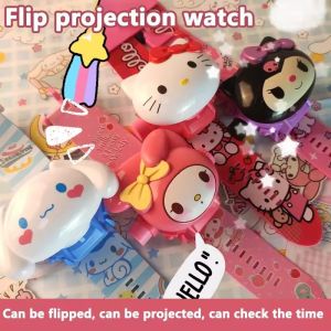Cute Kitty Toys Set 3D Projection Digital Watch Kuromi Melody Anime Action Figures Model Toy Kid Gift