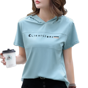 Women Cozy Short Sleeve Tee with Hoodie T-Shirt Loose Casual Tops 95% Cotton
