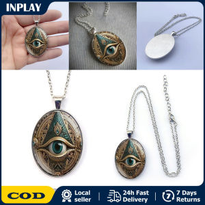 Fashion Eye Pattern Pendant Necklace - Silver Plated Alloy and Glass Mosaic Elegant Elliptical Talisman Design