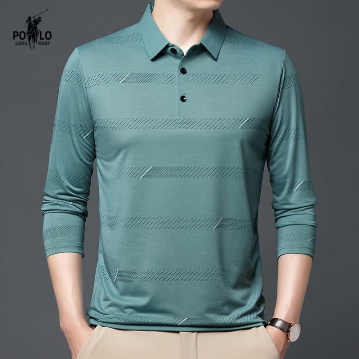 New Men's Long Sleeved Polo Shirt Spring Printed Fashion Top Business ...