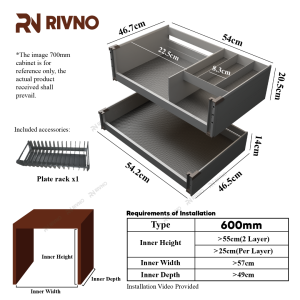 Rivno Aluminium Alloy Double Layer Pull Out Kitchen Cabinet Basket Soft Closing Bowl Plate Cutlery Storage Organizer