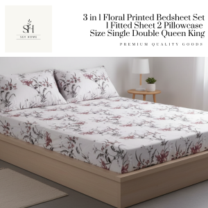 SevHome 3 in 1 Floral Printed Bedding Set Bedsheet Garterized Bed Sheet 1 Fitted Sheet cover 2 Pillow Case Size Single Double Queen King