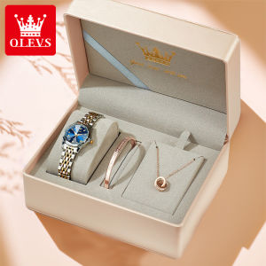 OLEVS  Jam Tangan Wanita  Kuarsa Terbaru Set Kombinasi Kalung  Gelang Kalender Tali Baja Tahan Karat Tahan Air Fashion Kasual