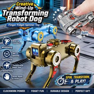 Creative Wind-Up Transforming Robot Dog Finger Fidget Spinner Toy Clockwork Gyroscope Spinning Top