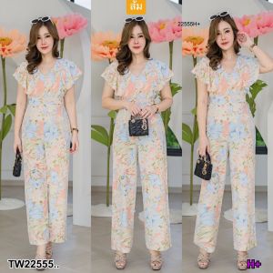 TW22555  Jumpsuit #สาวอวบ แขนระบาย ผ้าพิมพ์ลาย ..