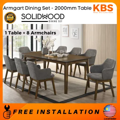 (FREE Installation+Shipping) KBS Armgart FULL SOLID WOOD Dining Set / With 8 Dining Chair / Rectangular Table / Dining Chair with Grey Cushion Seat / Walnut Color