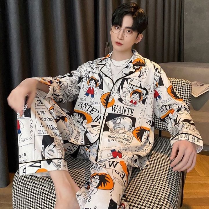 DSGEDHFFFF Ready stock pajama for men terno new summer Pajamas men's long-sleeved  ice silk cartoon anime home clothes Luffy One Piece peripheral pajamas