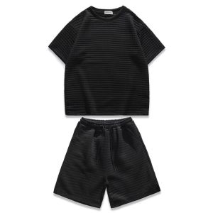Waffle T Mens short-sleeved and shorts set summer style Hong Kong-inspired loose-fitting casual and trendy Korean design ins Versatile five-quarter sleeves