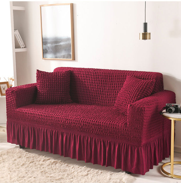 18 Colors Seersucker Sofa Cover with Elastic Skirt 1 2 3 4 Seater 4PCS ...