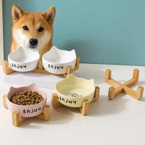 ER52858 น่ารัก ชามอาหารสัตว์เลี้ยง กระเบื้อง ป้องกันการล้ม ชามอาหารสูงสำหรับแมว ใช้งานได้หลากหลาย ชามเดี่ยว/สองชาม ที่ให้อาหารสัตว์เลี้ยง ป้องกันคอ